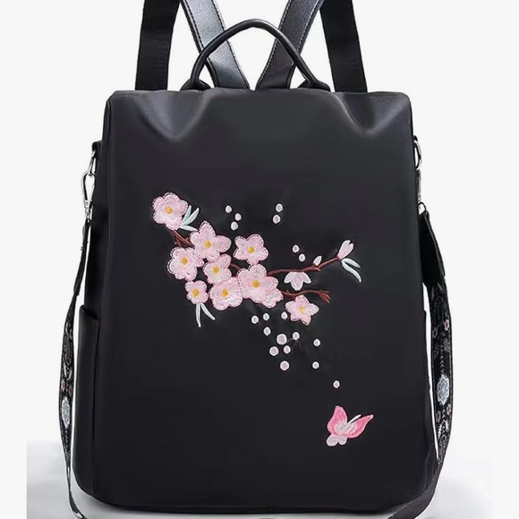 Handbags - Floral Embroidered Black Backpack